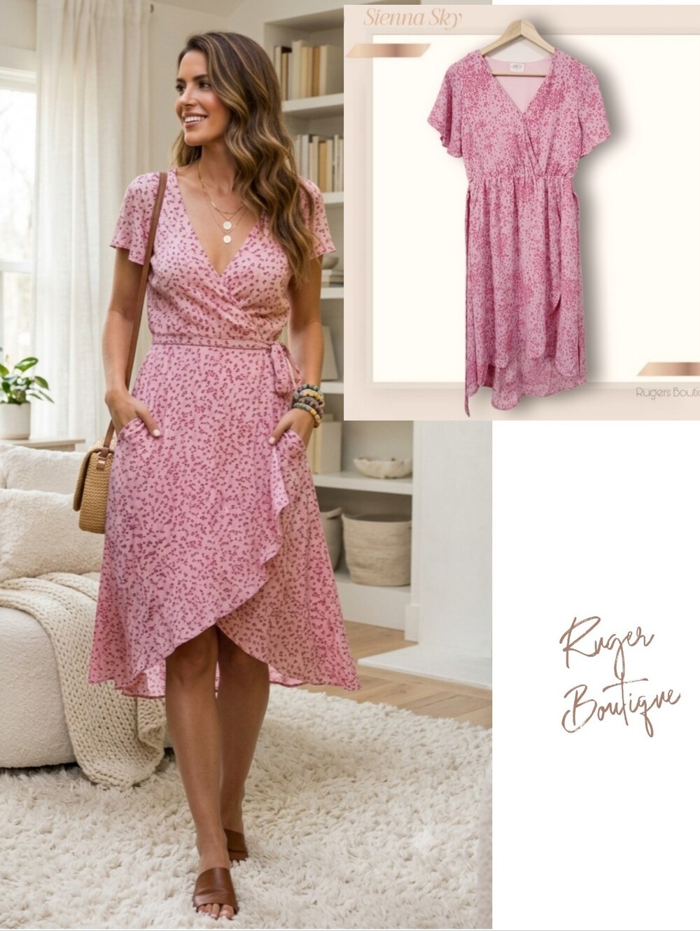 🌿Sienna Sky Women's Medium Pink Floral Faux Wrap Dress With Ties, Lined